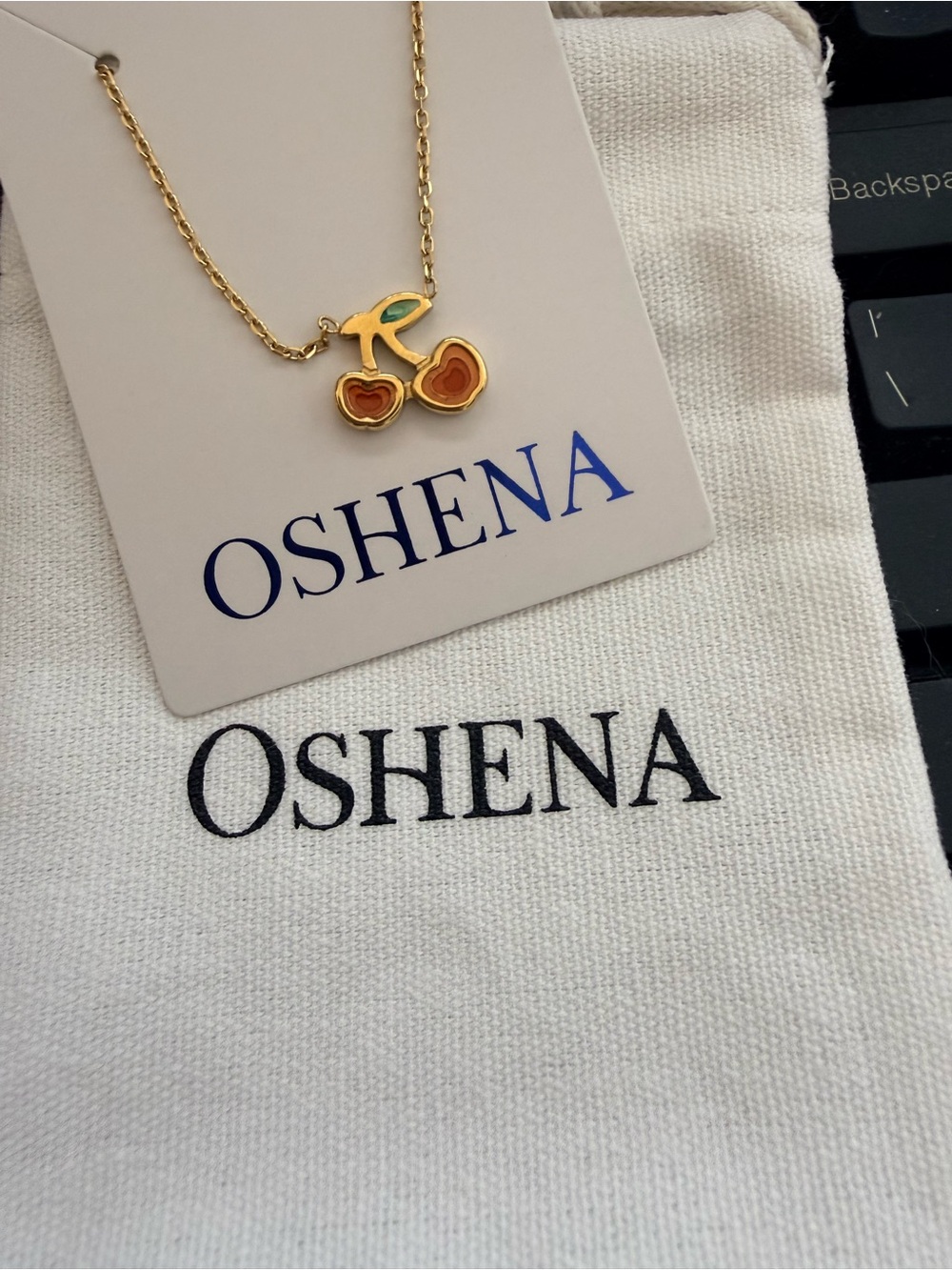 OSHENA Weatherproof Gold-Tone Cherry Pendant Necklace 18K gold PVD plating